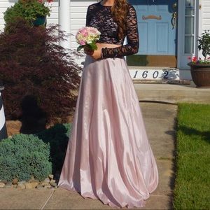 Black and pink long sleeve, 2 piece prom dress
